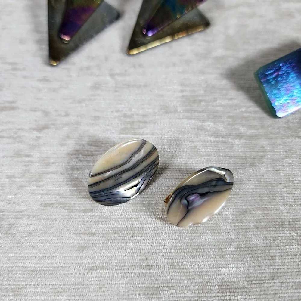 Vintage Dichroic Glass Shell Clip On Earring Lot of 3